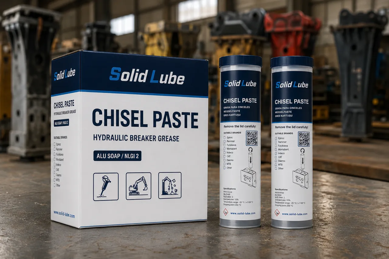 SolidLube chisel paste ürün kutusu ve gres kartuşları, arka planda hidrolik kırıcılar